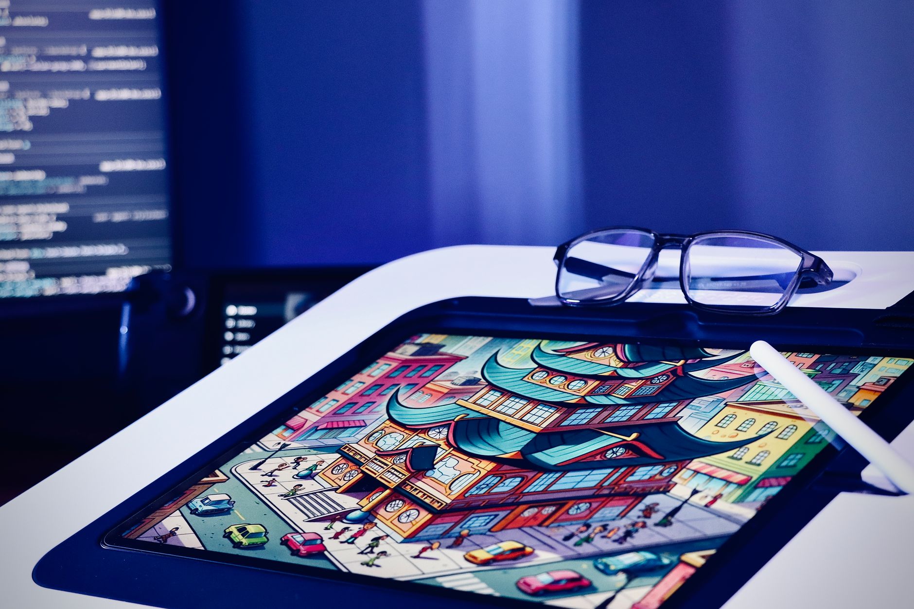 Digital artist creating a colorful fantasy world on a large monitor
